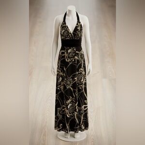 Vintage 90s Monaco maxi dress large open back halter brown gold chain old money